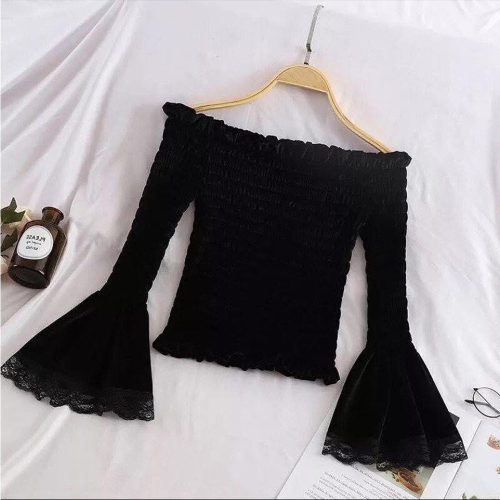 Gracia Black crushed velvet off the shoulder top, bell sleeves, Small, NWOT